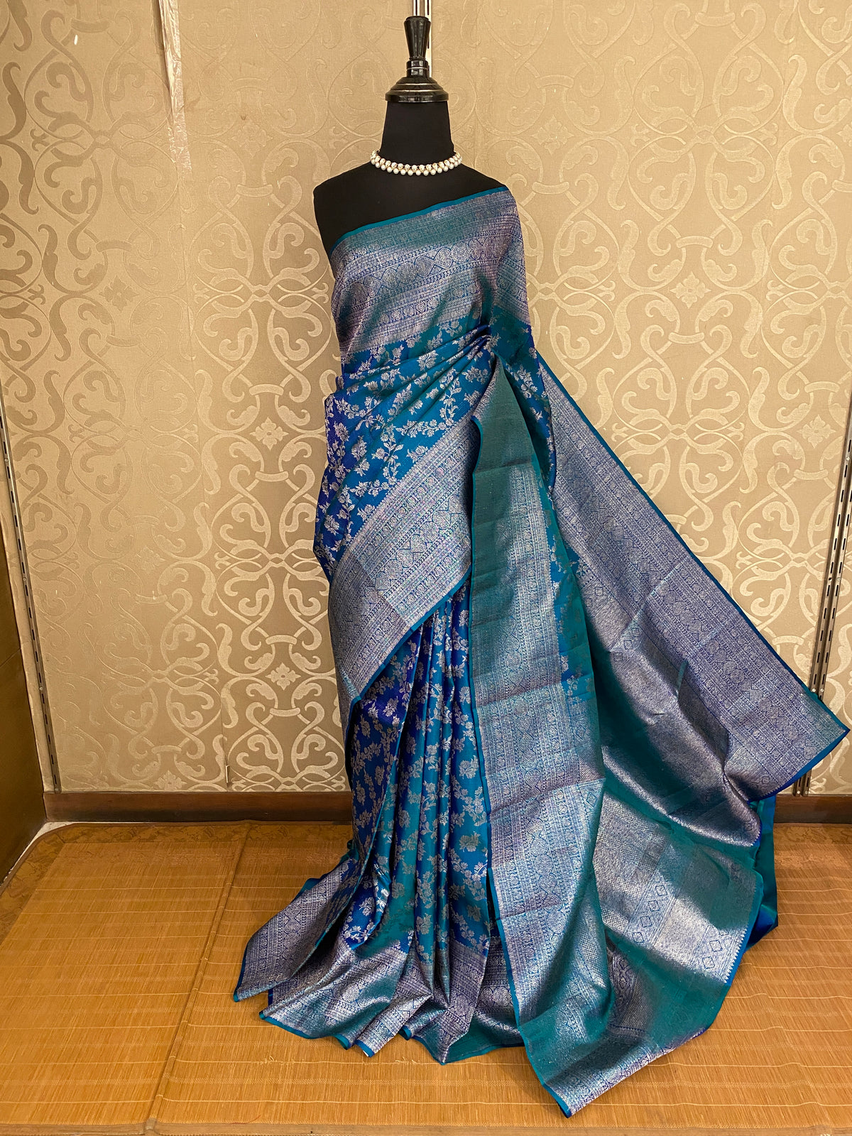 Rama Blue Pure Kanjeevaram Silk Saree, With Unstiched Blouse