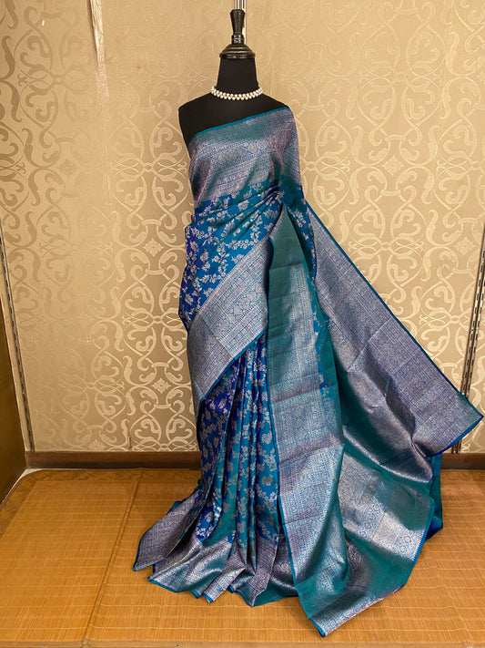 Rama Blue Pure Kanjeevaram Silk Saree, With Unstiched Blouse