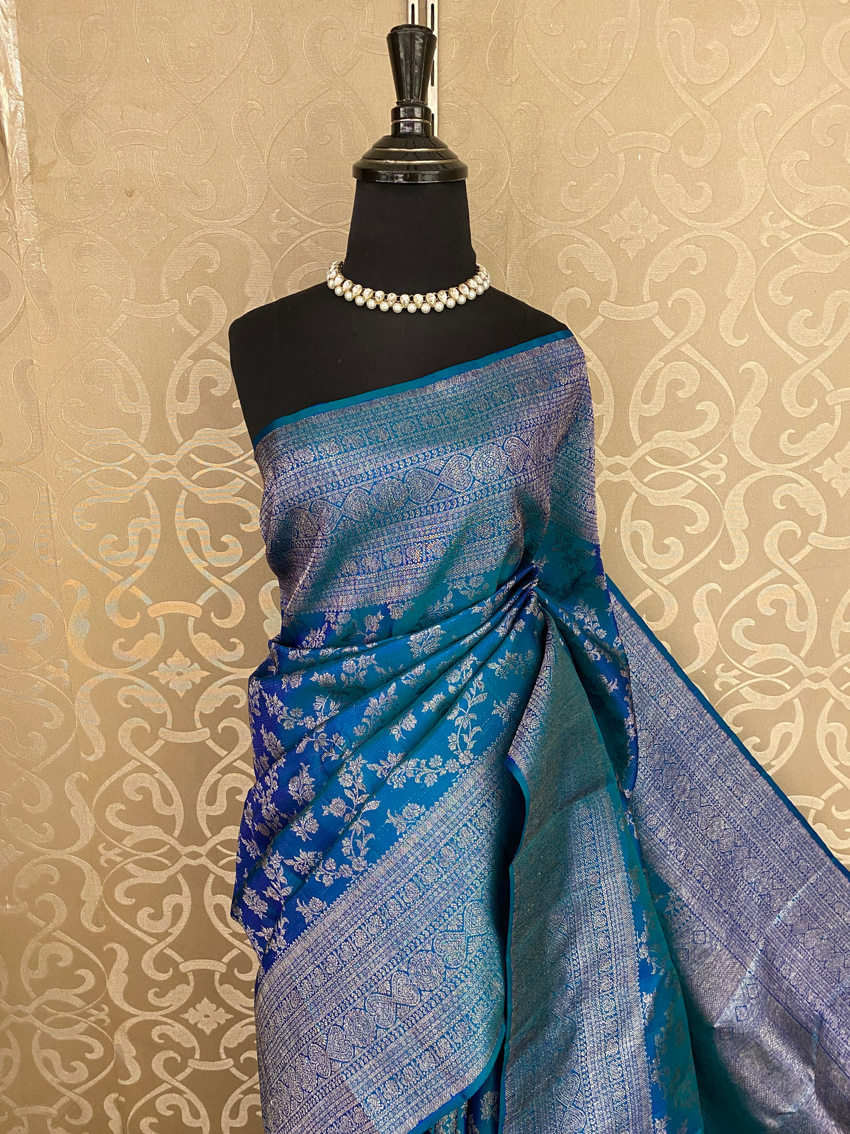 Rama Blue Pure Kanjeevaram Silk Saree, With Unstiched Blouse