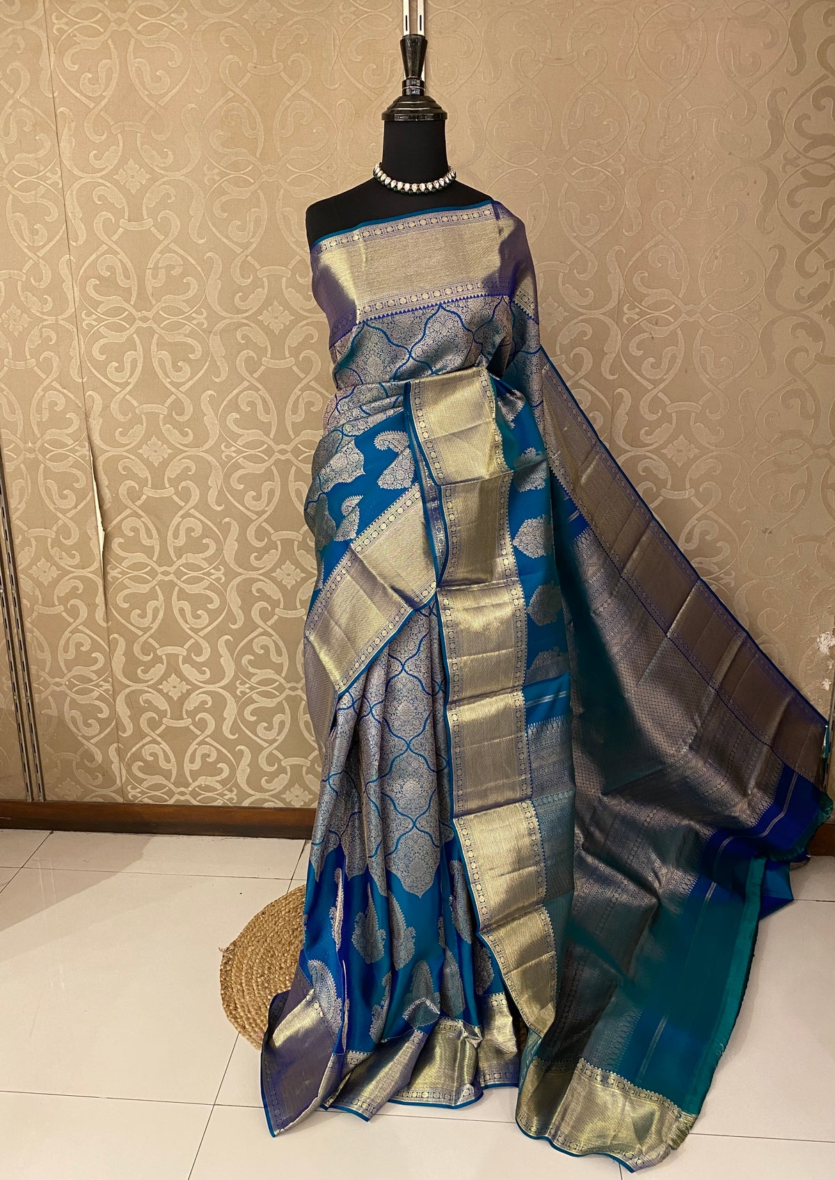 Rama Blue Pure Kanjeevaram Silk Saree, With Unstiched Blouse