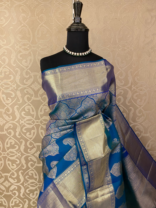 Rama Blue Pure Kanjeevaram Silk Saree, With Unstiched Blouse
