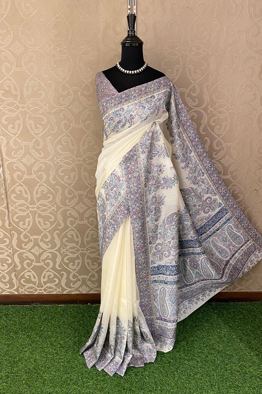 Cream Pure Kani Handloom Silk Saree With Floral Woven Unstich Blouse