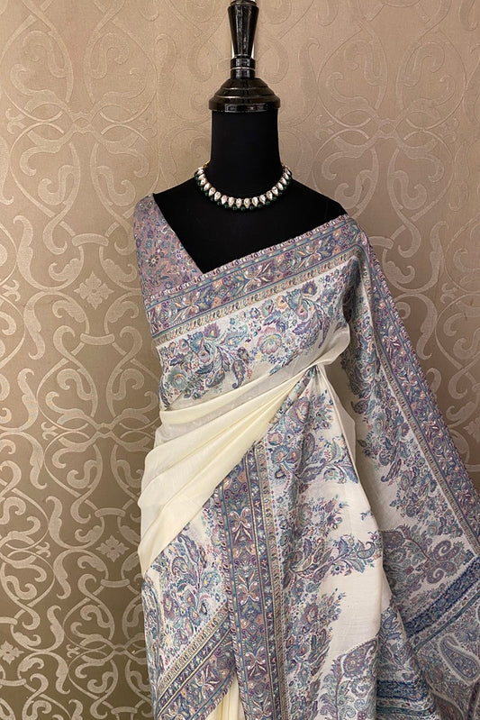 Cream Pure Kani Handloom Silk Saree With Floral Woven Unstich Blouse