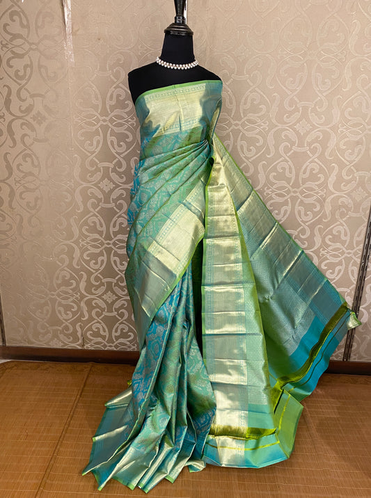 Greenish Blue Pure Kanjeevaram Silk Saree, With Unstiched Blouse