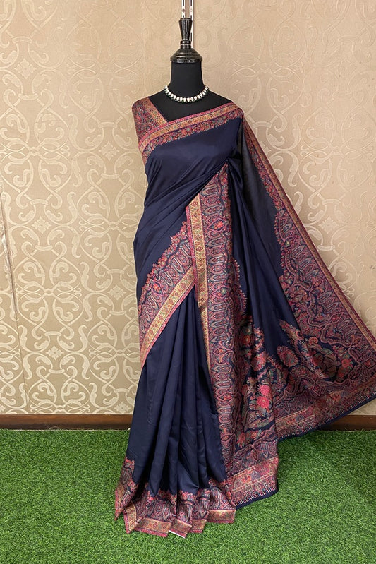 Deep Blue Pure Kani Handloom Silk Saree With Floral Woven Unstich Blouse