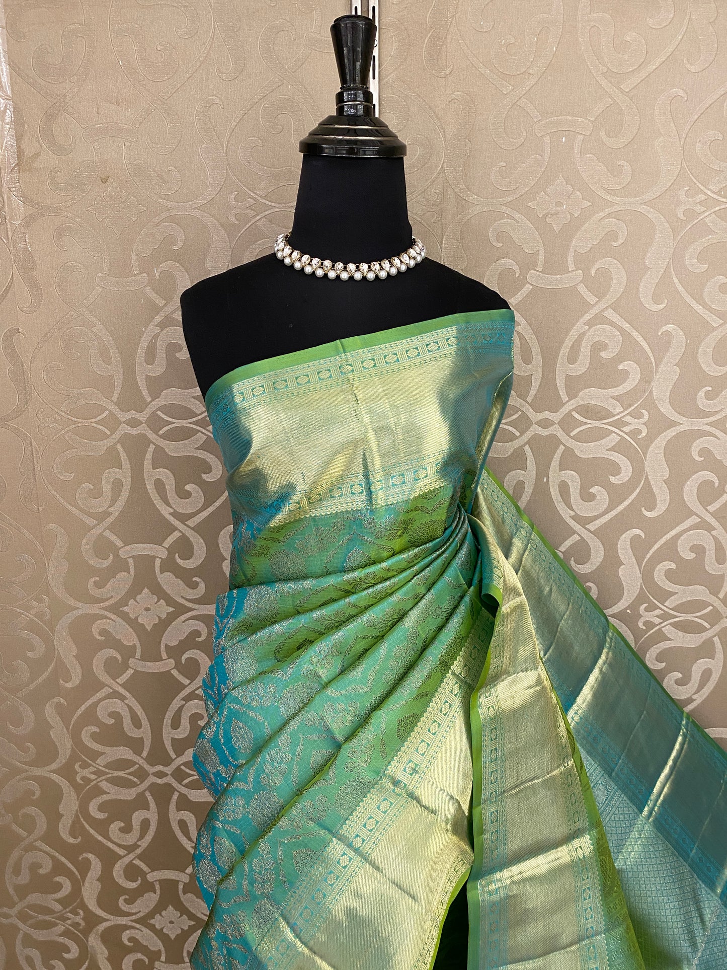 Greenish Blue Pure Kanjeevaram Silk Saree, With Unstiched Blouse