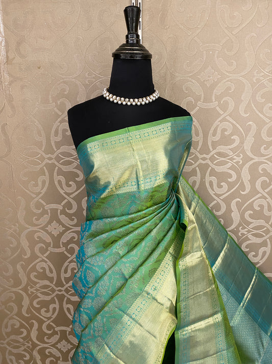 Greenish Blue Pure Kanjeevaram Silk Saree, With Unstiched Blouse