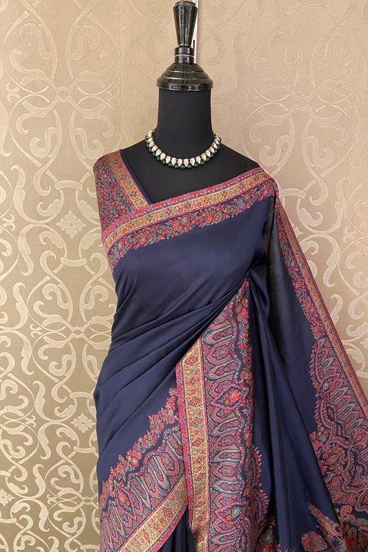 Deep Blue Pure Kani Handloom Silk Saree With Floral Woven Unstich Blouse
