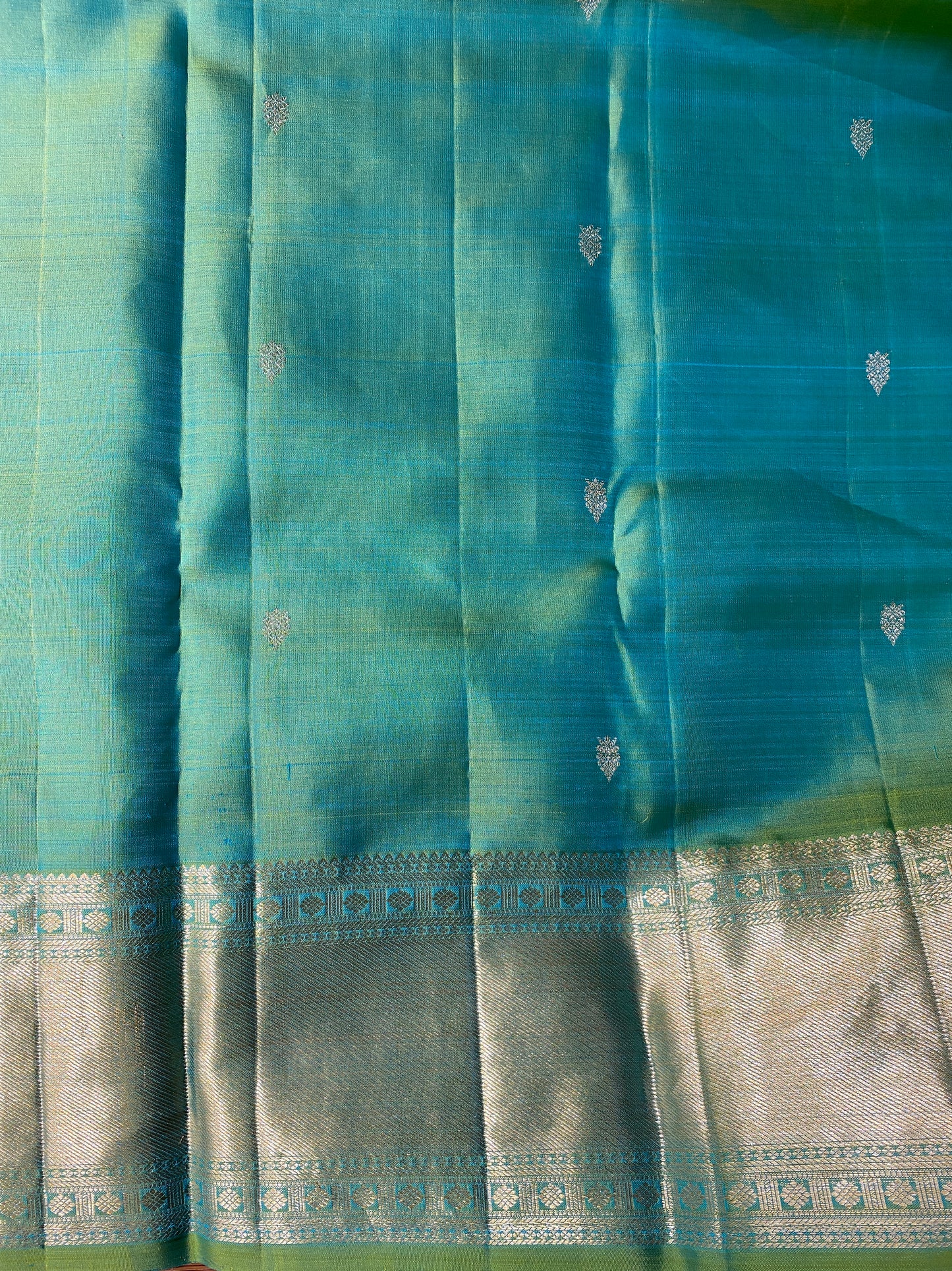 Greenish Blue Pure Kanjeevaram Silk Saree, With Unstiched Blouse