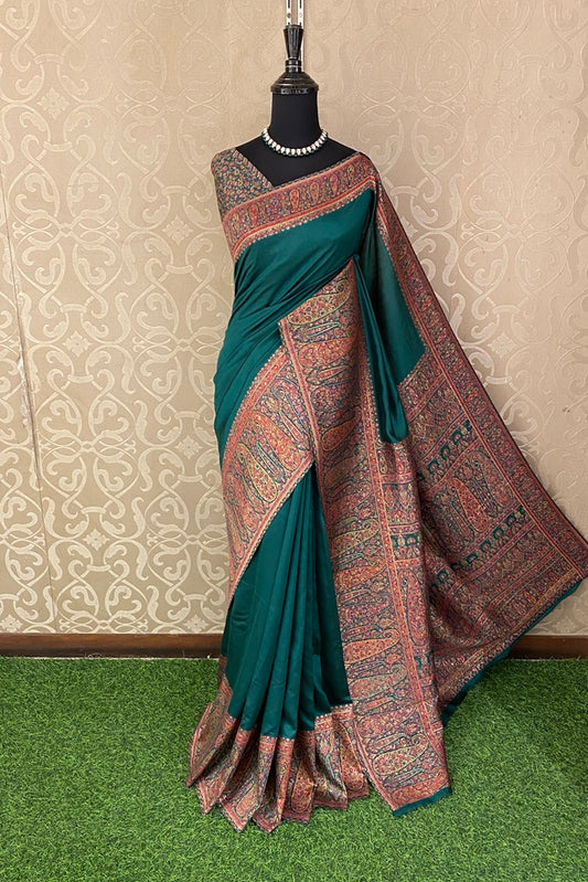 Deep Green Pure Kani Handloom Silk Saree With Floral Woven Unstich Blouse