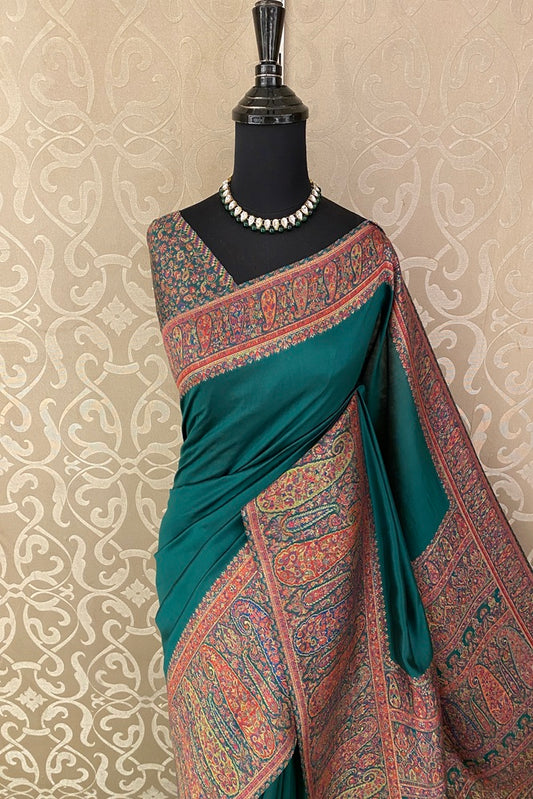 Deep Green Pure Kani Handloom Silk Saree With Floral Woven Unstich Blouse