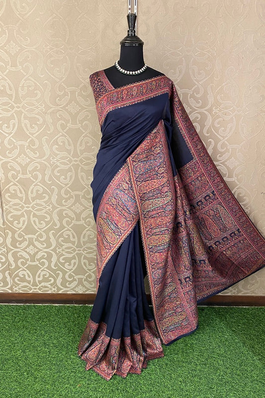 Deep Blue Pure Kani Handloom Silk Saree With Floral Woven Unstich Blouse