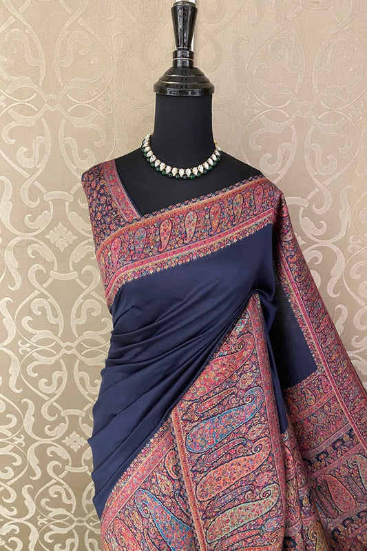 Deep Blue Pure Kani Handloom Silk Saree With Floral Woven Unstich Blouse