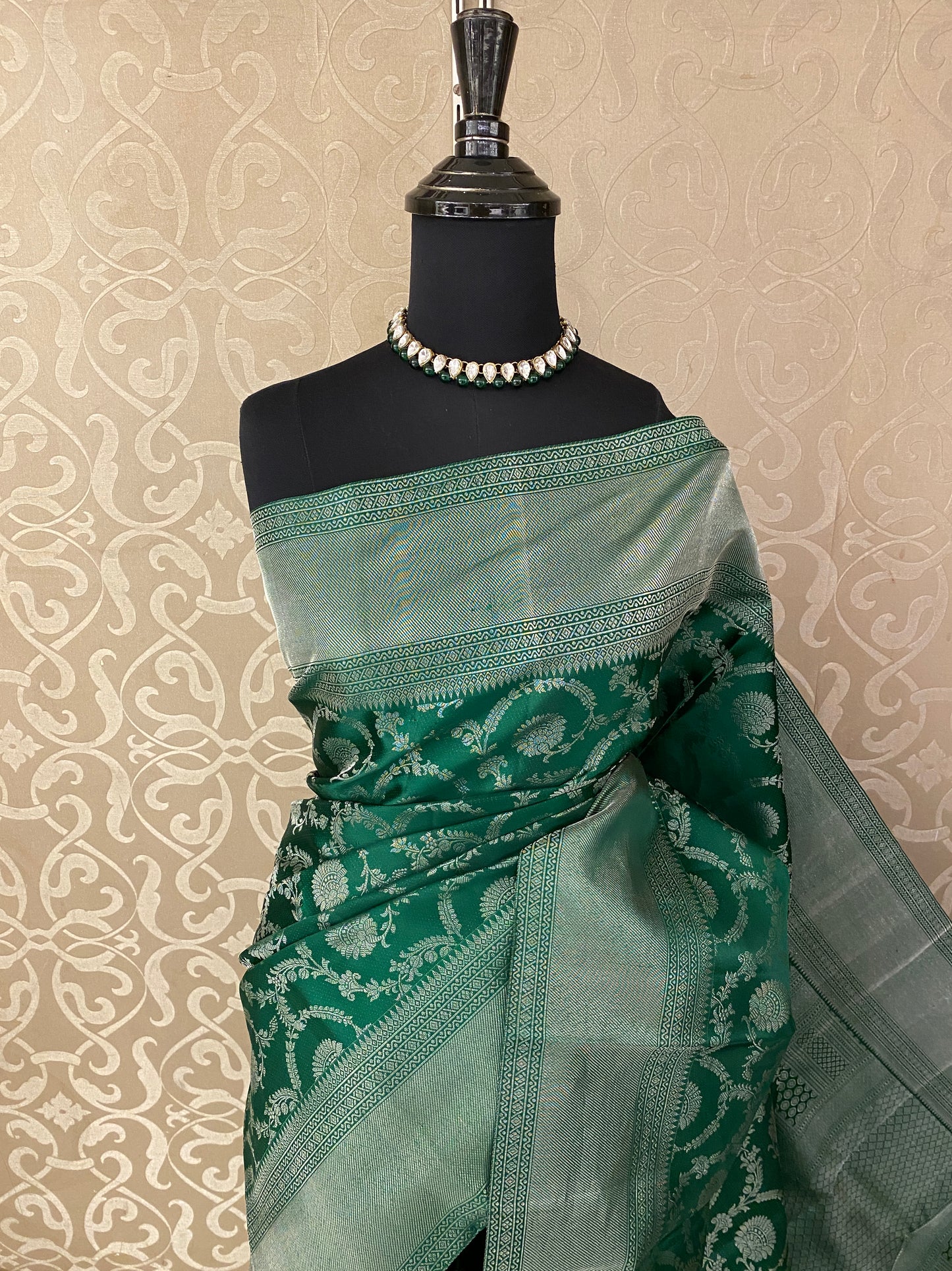 Deep Green Pure Kanjeevaram Silk Saree, With Unstiched Blouse