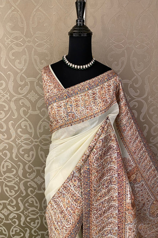 Offwhite Pure Kani Handloom Silk Saree With Floral Woven Unstich Blouse