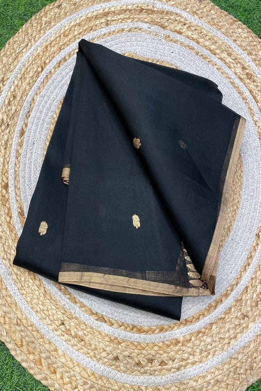Black Kora Banarasi Silk Saree With Unstich Blouse Piece