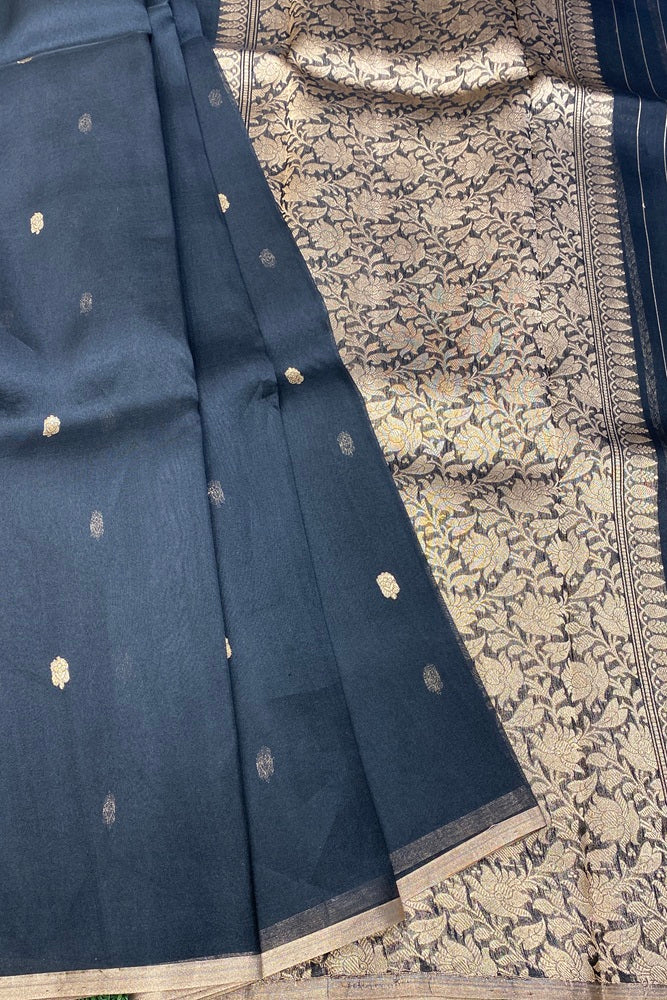 Black Kora Banarasi Silk Saree With Unstich Blouse Piece