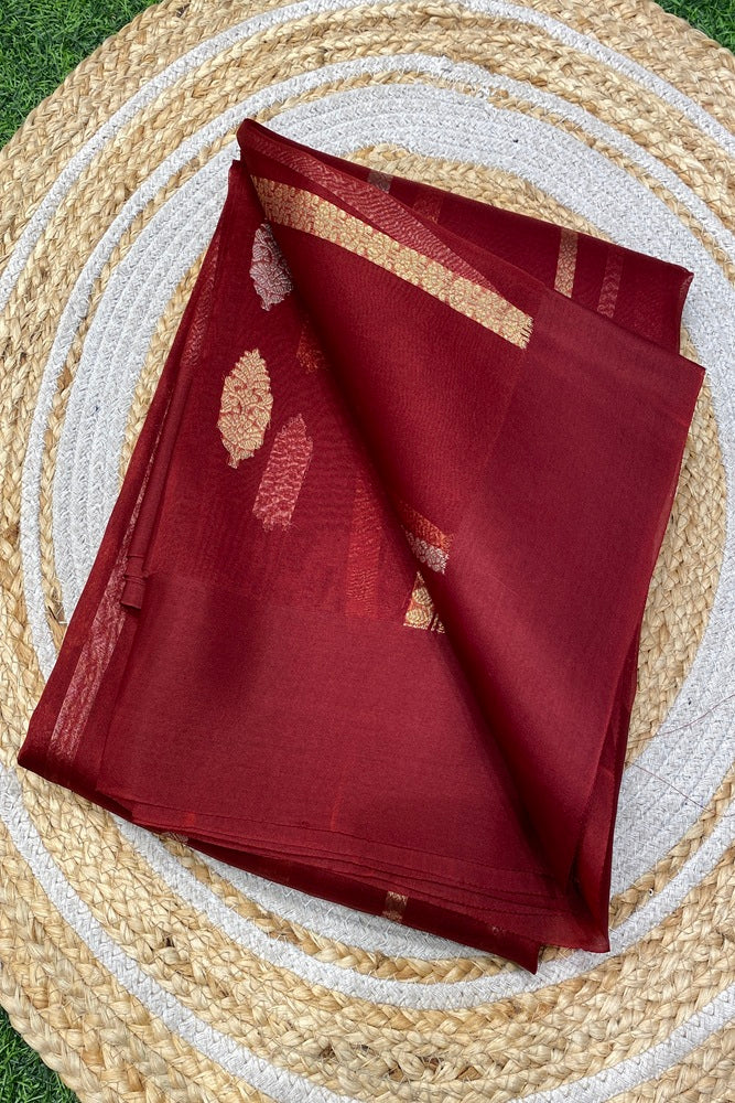 Maroon Kora Banarasi Silk Saree With Unstich Blouse Piece