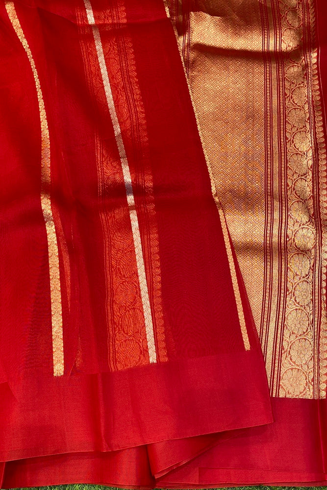 Red Kora Banarasi Silk Saree With Unstich Blouse Piece