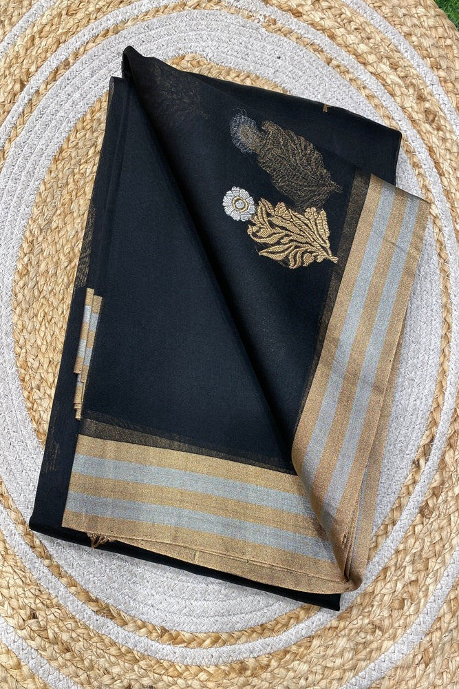 Black Kora Banarasi Silk Saree With Unstich Blouse Piece