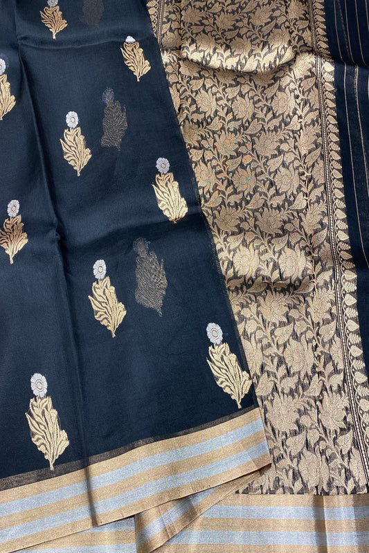 Black Kora Banarasi Silk Saree With Unstich Blouse Piece