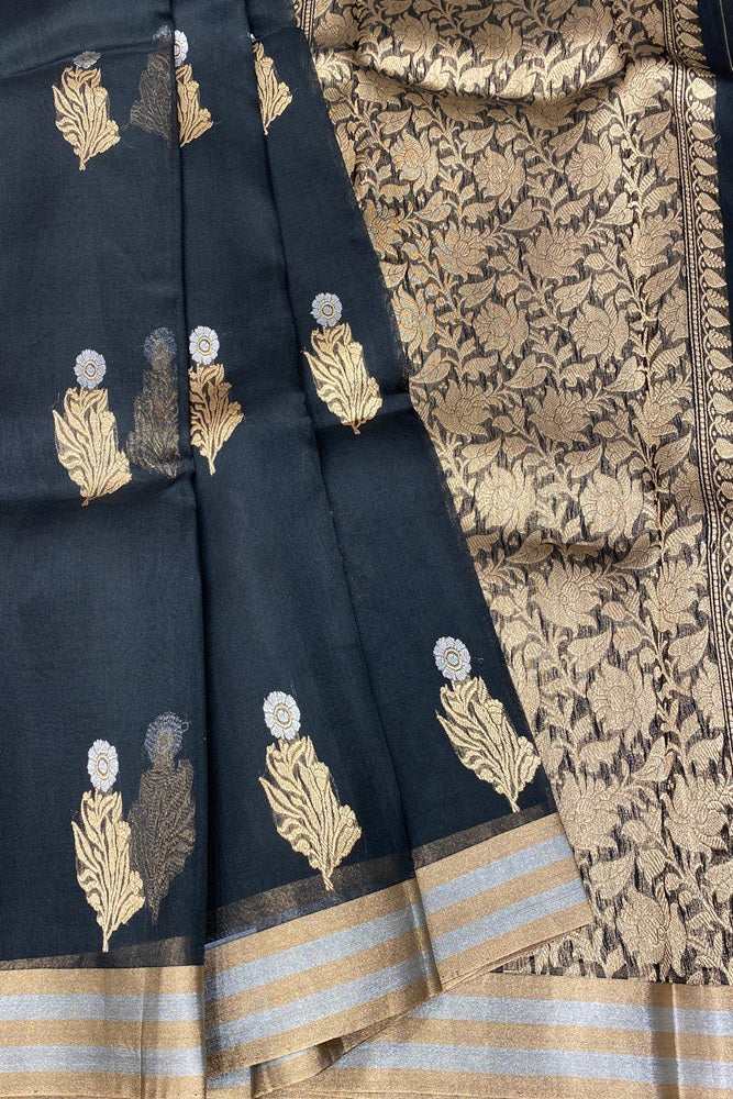 Black Kora Banarasi Silk Saree With Unstich Blouse Piece