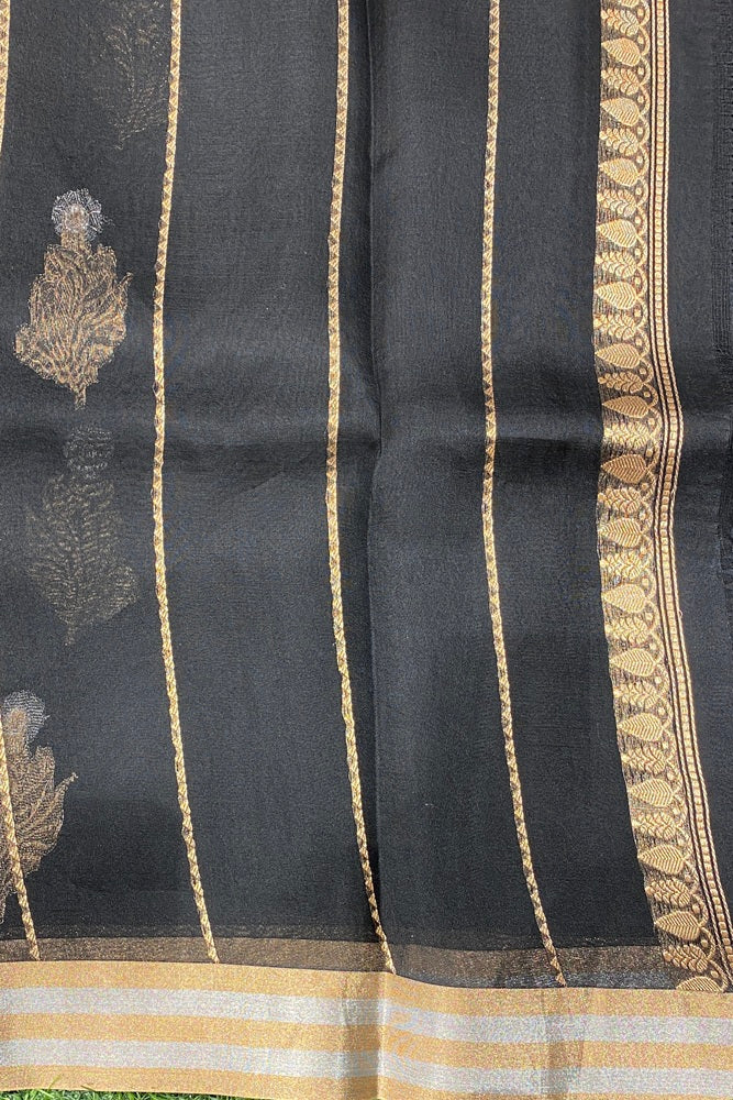 Black Kora Banarasi Silk Saree With Unstich Blouse Piece
