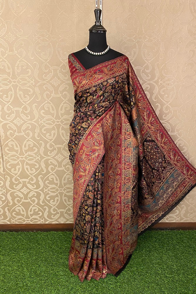 BLACK PURE KANI HANDLOOM SILK SAREE WITH FLORAL WOVEN BLOUSE