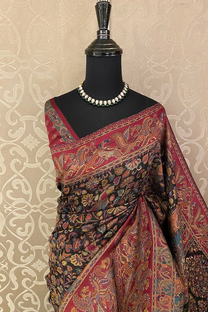 BLACK PURE KANI HANDLOOM SILK SAREE WITH FLORAL WOVEN BLOUSE