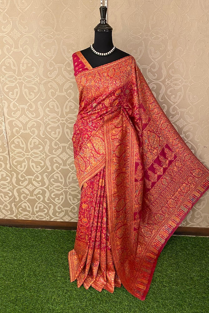 BRIGHT PINK PURE KANI HANDLOOM SILK SAREE WITH FLORAL WOVEN BLOUSE