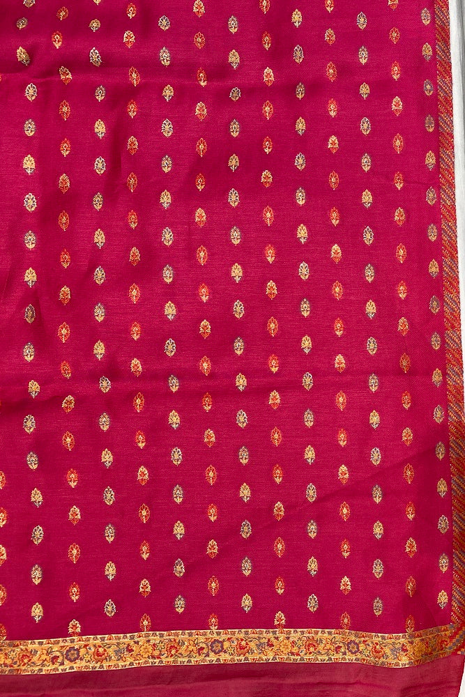 BRIGHT PINK PURE KANI HANDLOOM SILK SAREE WITH FLORAL WOVEN BLOUSE