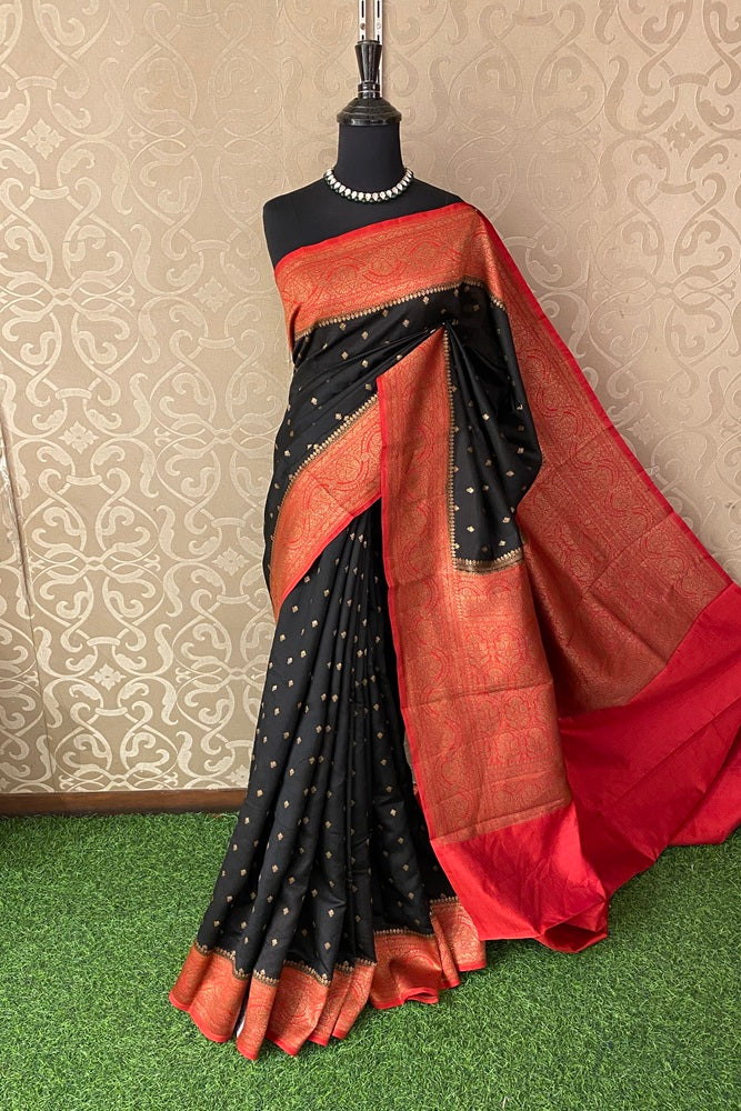 Black Pure Munga Banarasi Silk Saree, Hand Woven Motifs With Unstich Blouse