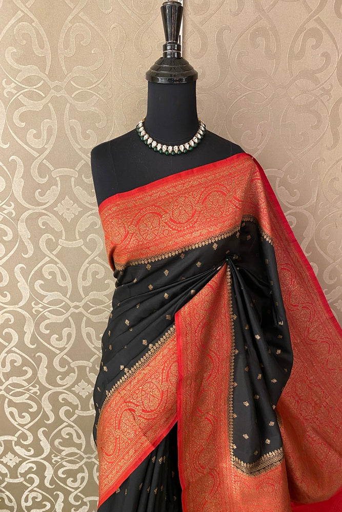 Black Pure Munga Banarasi Silk Saree, Hand Woven Motifs With Unstich Blouse