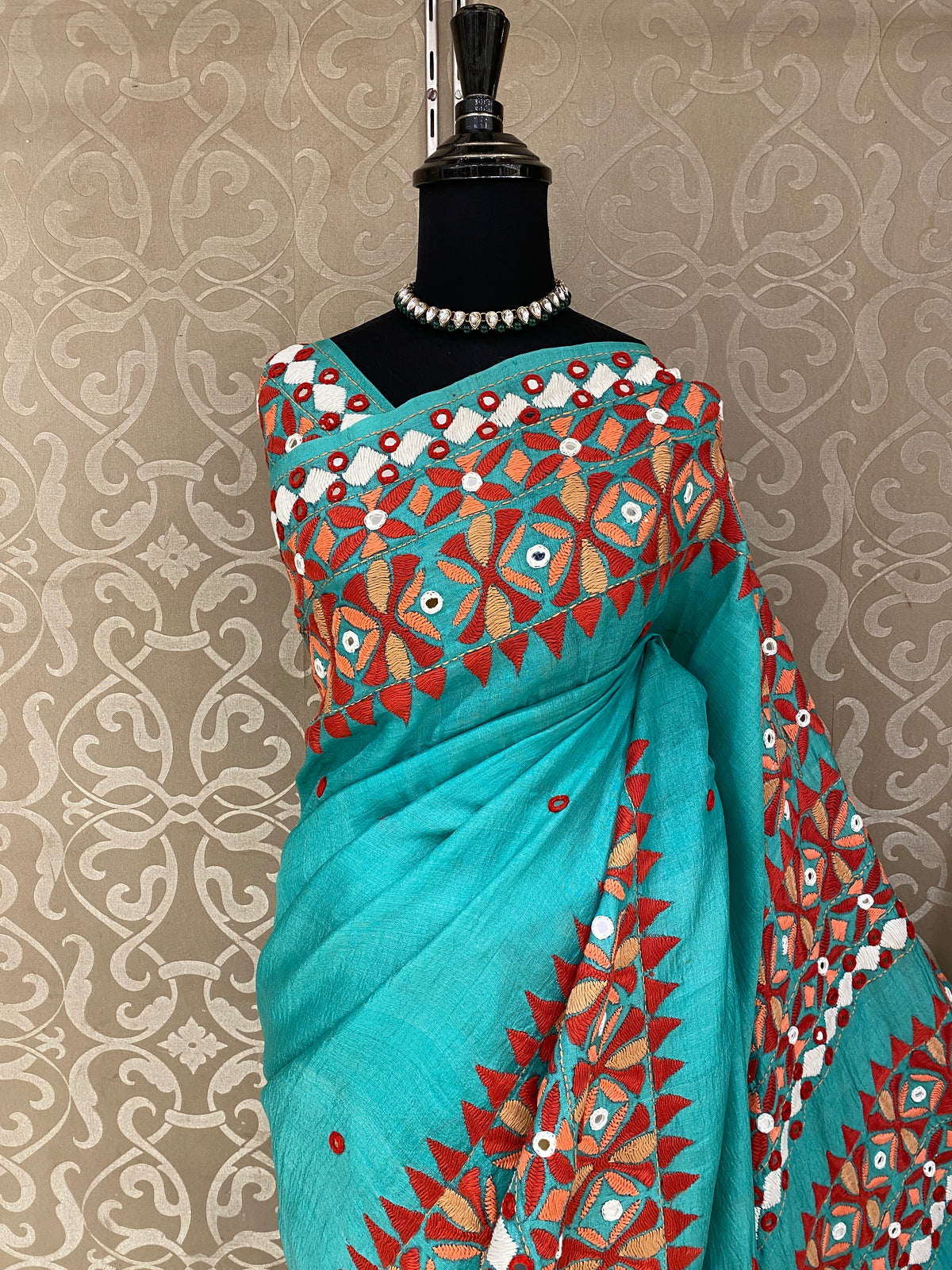 Firozi Tussar Hand Embroidery Saree, With Unstitched Blouse