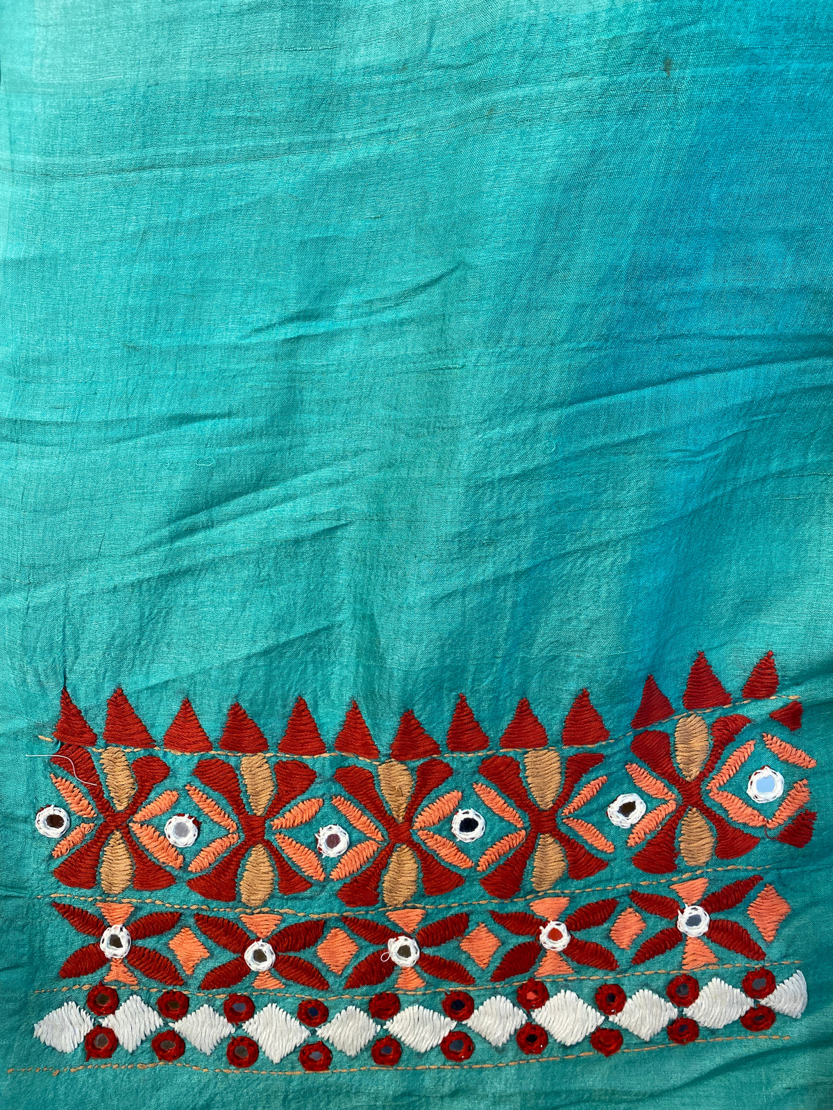 Firozi Tussar Hand Embroidery Saree, With Unstitched Blouse