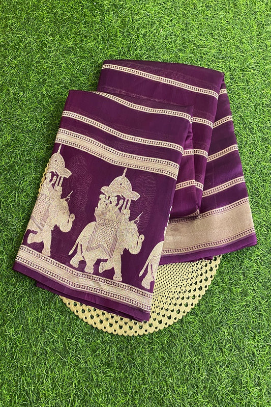 Violet Kora Mashru Silk Banarasi Kadwa Handloom Saree, With Unstich Blouse