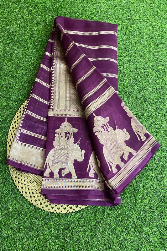 Violet Kora Mashru Silk Banarasi Kadwa Handloom Saree, With Unstich Blouse