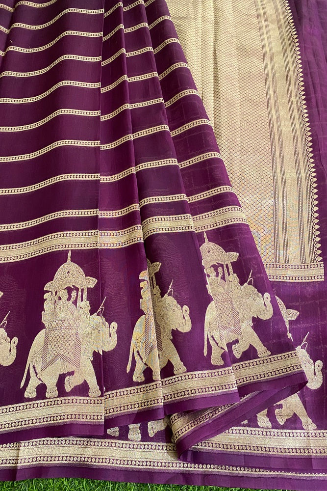 Violet Kora Mashru Silk Banarasi Kadwa Handloom Saree, With Unstich Blouse