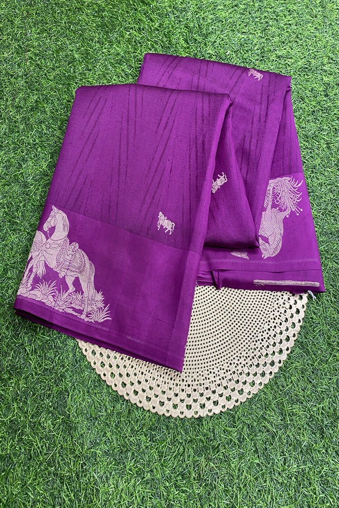 Purple Mashru Silk Banarasi Kadwa Handloom Saree, With Unstich Blouse