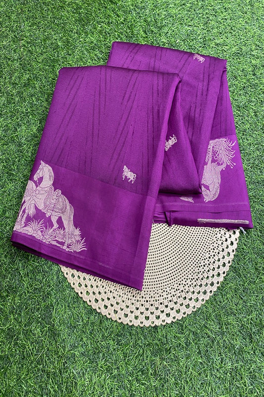 Purple Mashru Silk Banarasi Kadwa Handloom Saree, With Unstich Blouse