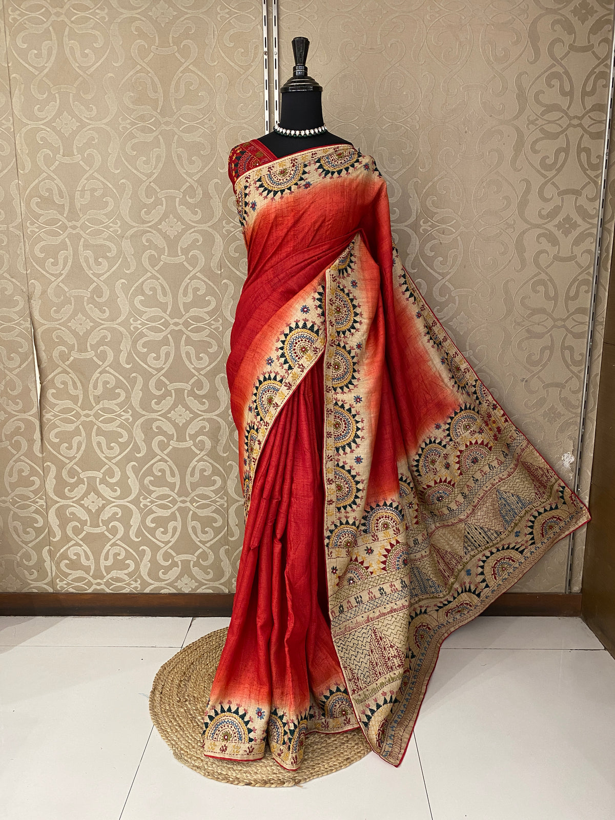 Red Tussar Hand Embroidery Saree, With Unstitched Blouse