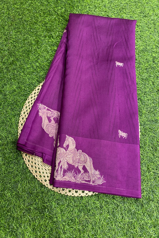 Purple Mashru Silk Banarasi Kadwa Handloom Saree, With Unstich Blouse