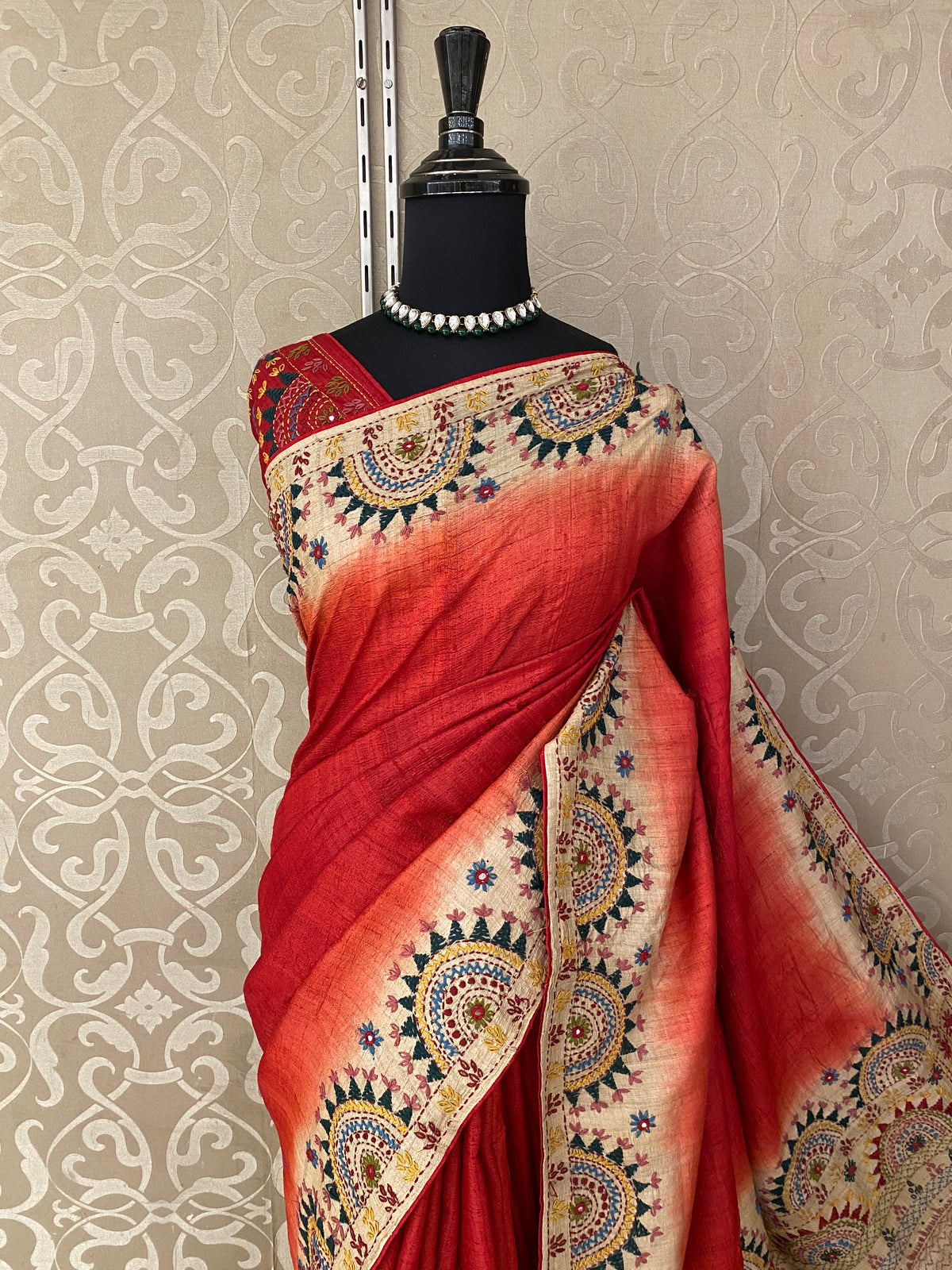 Red Tussar Hand Embroidery Saree, With Unstitched Blouse