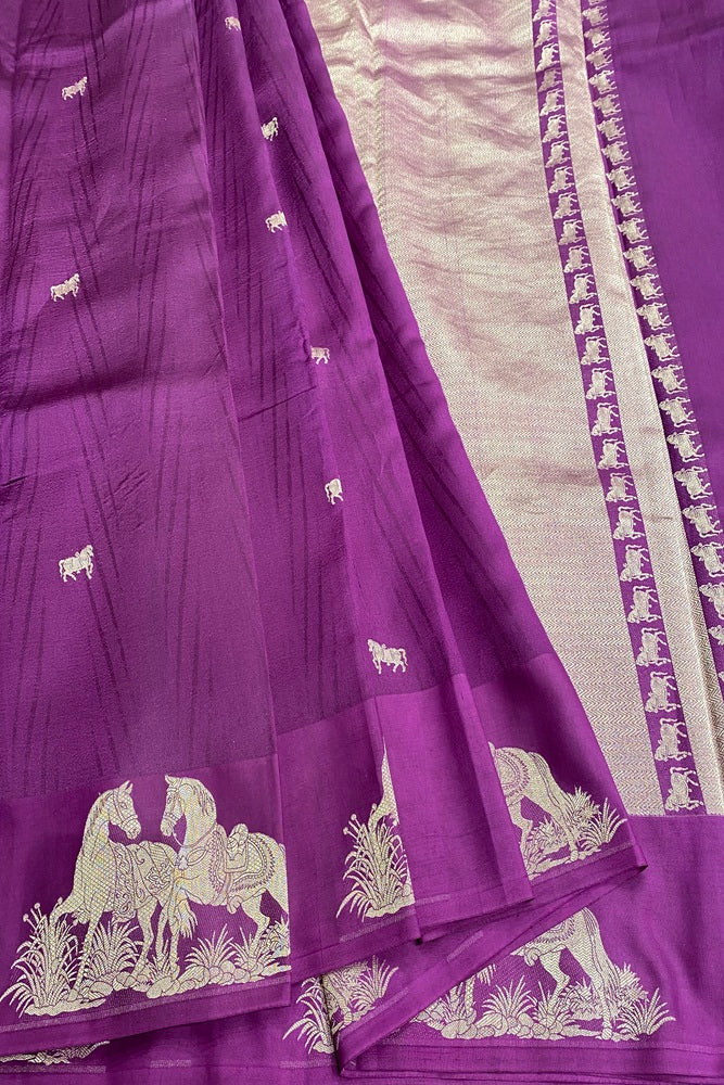 Purple Mashru Silk Banarasi Kadwa Handloom Saree, With Unstich Blouse