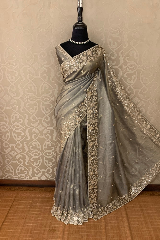 POWDER BLUE TISSUE EMBROIDERED SAREE WITH BLOUSE PIECE