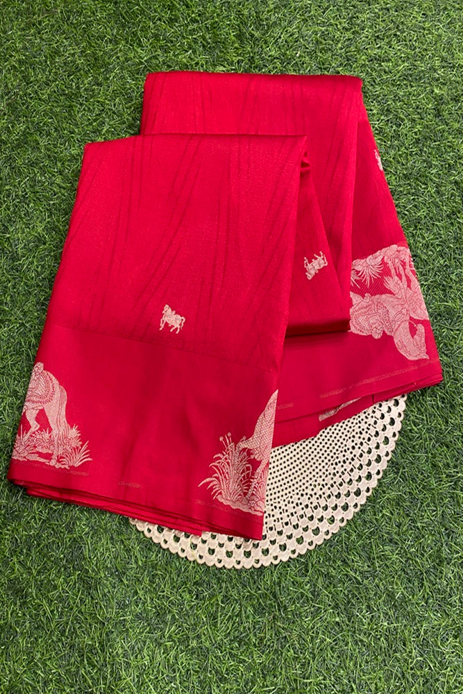 Red Mashru Silk Banarasi Kadwa Handloom Saree, With Unstich Blouse