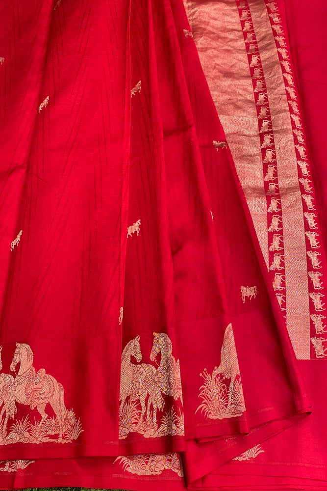 Red Mashru Silk Banarasi Kadwa Handloom Saree, With Unstich Blouse