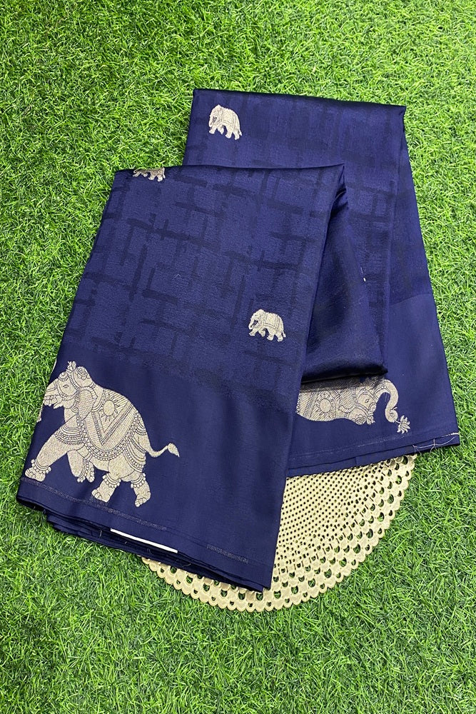 Deep Blue Mashru Silk Banarasi Kadwa Handloom Saree, With Unstich Blouse