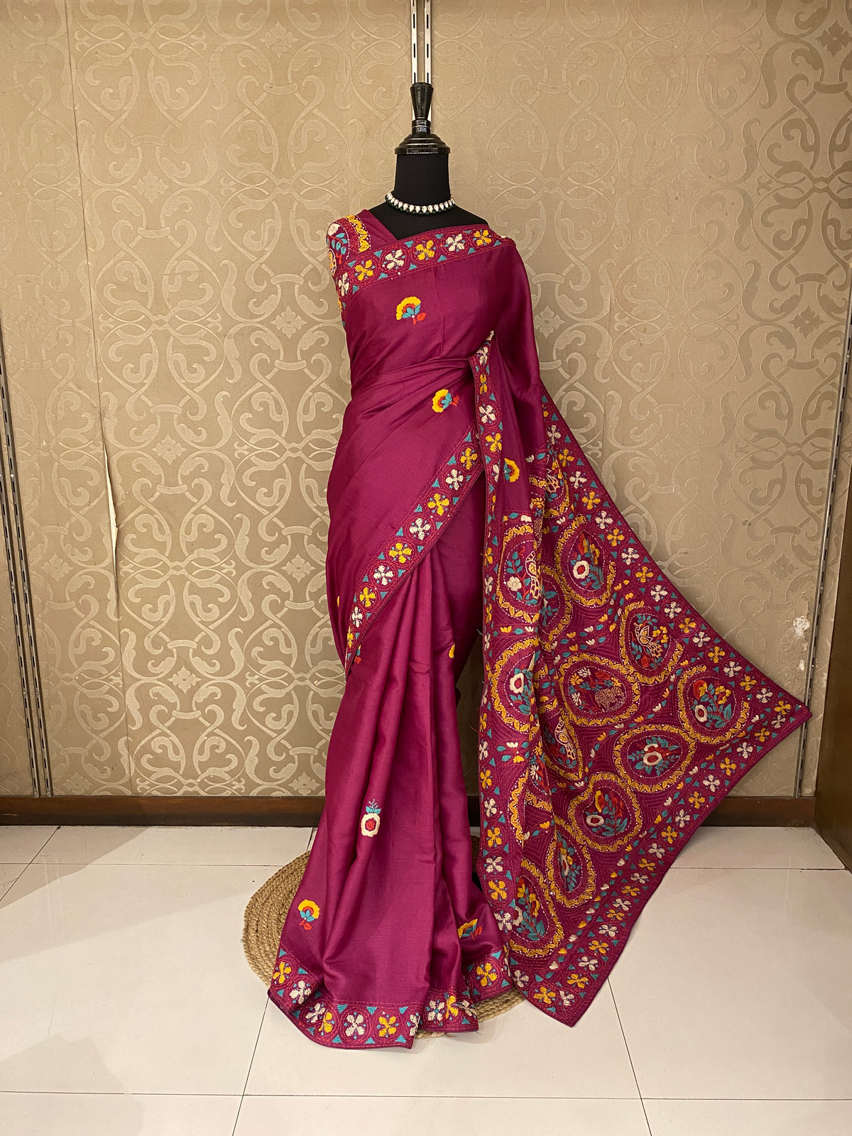 Wine Tussar Hand Embroidery Saree, With Unstitched Blouse