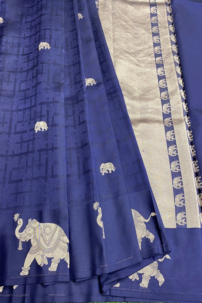 Deep Blue Mashru Silk Banarasi Kadwa Handloom Saree, With Unstich Blouse